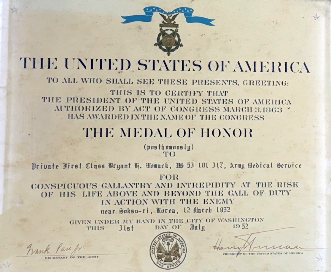 Womack's medal of honor certificate